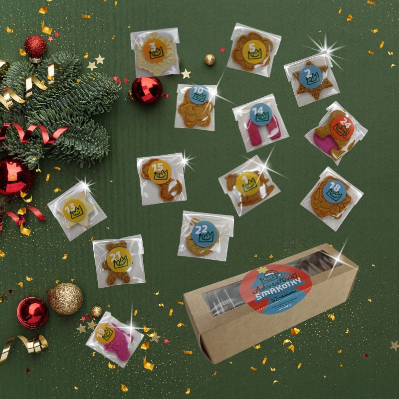 Obsah adventného kalendára pre psov – mix maškŕt – darček pre psa na Vianoce
